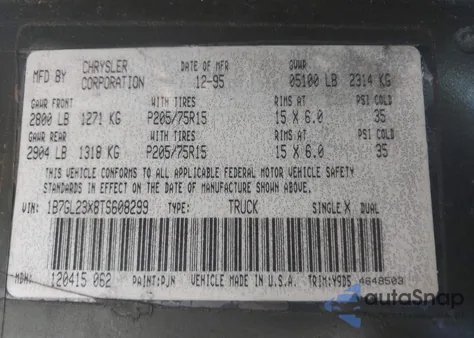 1996 Dodge Dakota from USA, damaged, VIN 1B7GL23X8TS608299